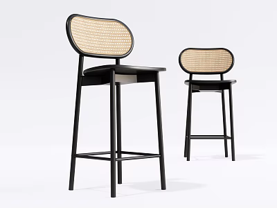 Stylish Modern Bar Stools with Rattan Backrest and Black Metal Frame Design 3d model