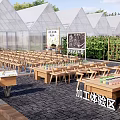 Rural Landscape With Greenhouses Farm Fields Flower Beds Stalls People Walking Trees And Mountains