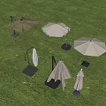 Outdoor Sunshade Umbrellas on Green Grass Various Designs Beige Gray Striped Black Base Stands