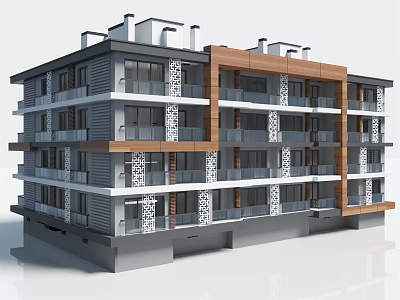 Modern Multi Storey Residential Building with Balconies and Wooden Accent Facade 3d model