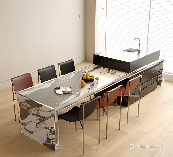 Modern Kitchen Interior With Marble Dining Table And Colorful Metal Leg Chairs Set 3d model 
