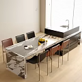 Modern Kitchen Interior With Marble Dining Table And Colorful Metal Leg Chairs Set