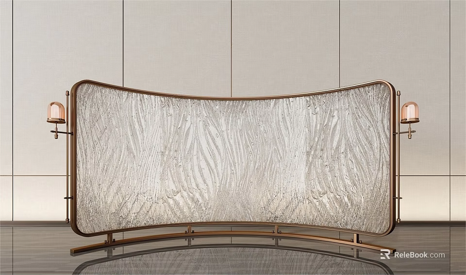 Curved Screen with Transparent Textured Surface Brass Frame and Wall Lamps on Dark Floor Background 3d model 