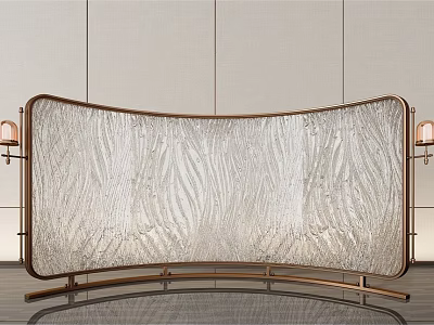 Curved Screen with Transparent Textured Surface Brass Frame and Wall Lamps on Dark Floor Background 3d model