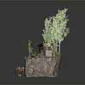 Scenic Landscape Featuring Red Cottage Green Roof Trees Rocky Cliff Small Boat And Wooden Dock