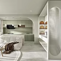 Modern Living and Dining Area Featuring Light Green Cabinets White Bean Bag Sofa and Pendant Lights