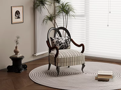 Accent Chair On Woven Rug With Striped Upholstery Near Potted Plant Books And Window Blinds 3d model