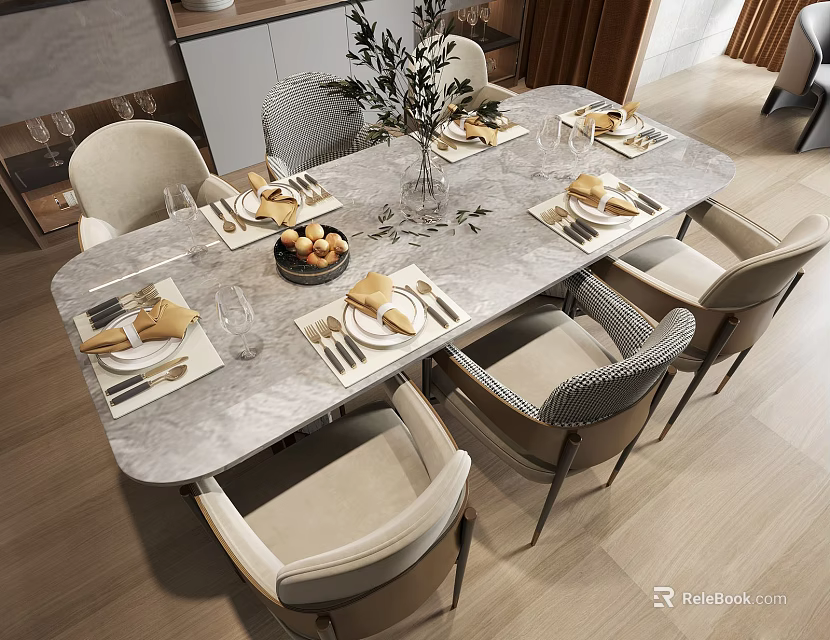 Elegant Modern Dining Table Set With Marble Top Chairs Tableware Fruits And Greenery 3d model 