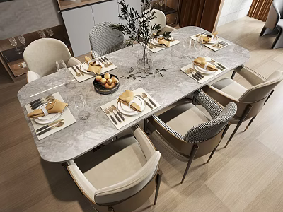 Elegant Modern Dining Table Set With Marble Top Chairs Tableware Fruits And Greenery 3d model