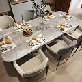 Elegant Modern Dining Table Set With Marble Top Chairs Tableware Fruits And Greenery 3d model