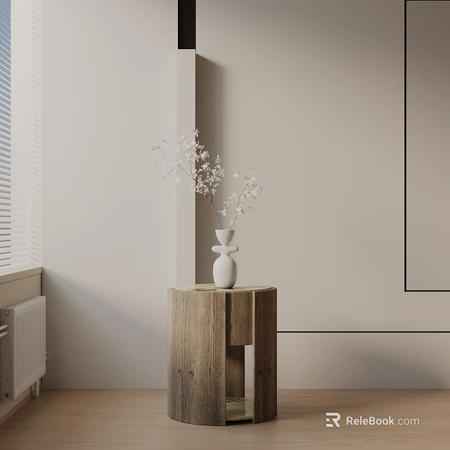 Wooden Side Table With Vase And White Flowers In Modern Interior Design 3d model 