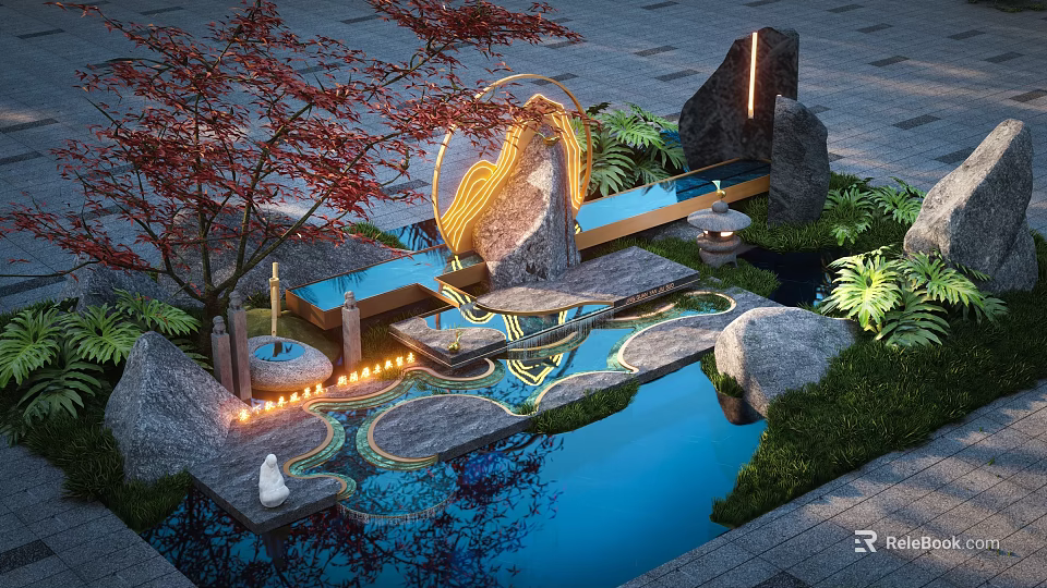 Karesansui Garden Design with Water Pool Stones Red Maple Tree Illuminated Path and Moss 3d model 