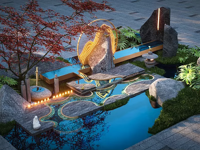 Karesansui Garden Design with Water Pool Stones Red Maple Tree Illuminated Path and Moss 3d model