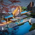 Karesansui Garden Design with Water Pool Stones Red Maple Tree Illuminated Path and Moss