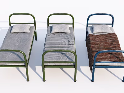 Three Single Beds With Metal Frames Gray Mattresses White Pillows And Brown Blanket 3d model