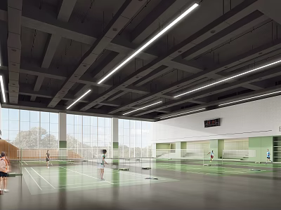 Indoor Sports Hall With Badminton Courts Green Flooring Long Strip Lights And Active Players 3d model