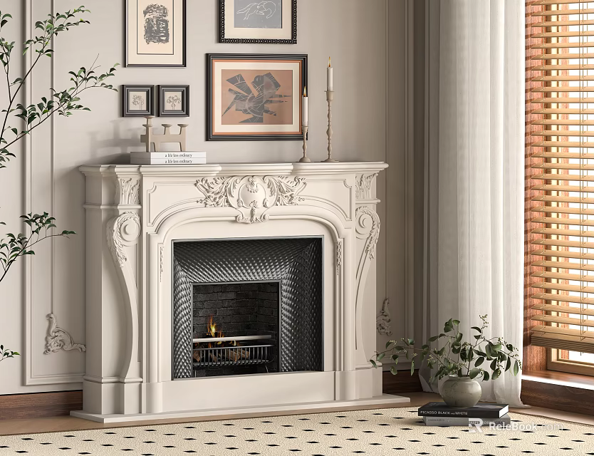 Carved White Fireplace with Framed Pictures Green Plants and Window Blinds in Classic Interior Decor 3d model 