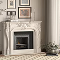 Carved White Fireplace with Framed Pictures Green Plants and Window Blinds in Classic Interior Decor