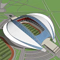 Large Modern Stadium With Curved Roof Green Lawn And Blue Sky Background