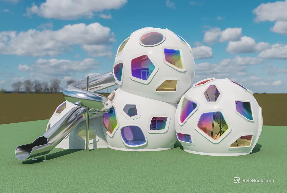 Fun Outdoor Children's Playground With Spherical Structures Colorful Windows And Slide 3d model 