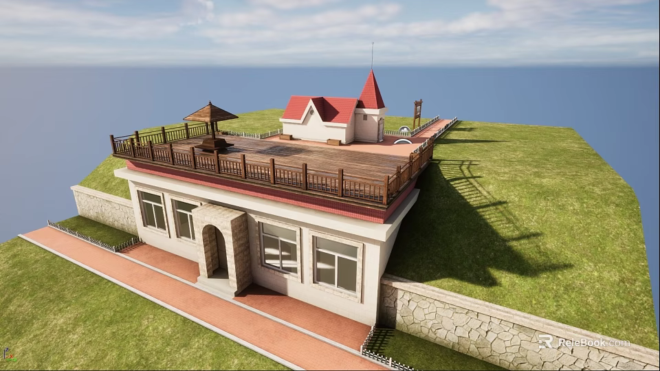 Modern Industrial Factory Building With Red Roof Terrace Grass Area And Seaside View 3d model 