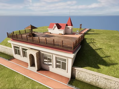 Modern Industrial Factory Building With Red Roof Terrace Grass Area And Seaside View 3d model