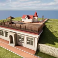 Modern Industrial Factory Building With Red Roof Terrace Grass Area And Seaside View