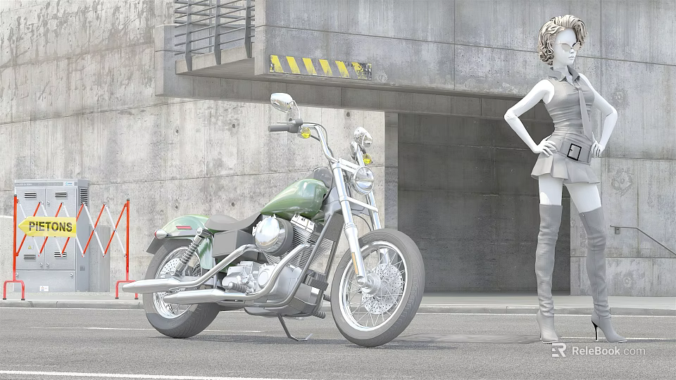 Green Cruiser Motorcycle With Chrome Details Parked By Concrete Structure And Yellow Black Warning Stripes 3d model 