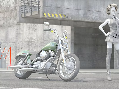 Green Cruiser Motorcycle With Chrome Details Parked By Concrete Structure And Yellow Black Warning Stripes 3d model