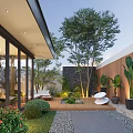 Modern Courtyard Garden with Wooden Deck White Seating Green Plants Trees Glass Doors and Gravel Path
