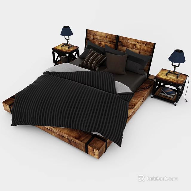 Wooden Double Bed With Black Striped Bedspread Pillows And Bedside Table Lamps 3d model 