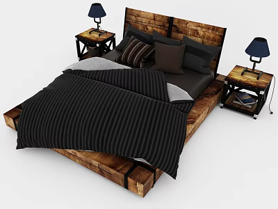 Wooden Double Bed With Black Striped Bedspread Pillows And Bedside Table Lamps 3d model
