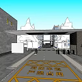 Modern Community Entrance Gate With Canopy Trees And Private Driveway Markings