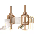 Playground Equipment With Lantern Shaped Wooden Structures Slides And Climbing Net
