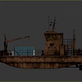 Modern Green Red Watercraft With Cabins Blue Containers And Rusted Brown Deck Vintage Vessel