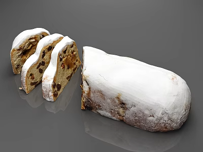 Traditional Festive German Stollen Bread With Powdered Sugar Dried Fruits And Nuts Slices 3d model