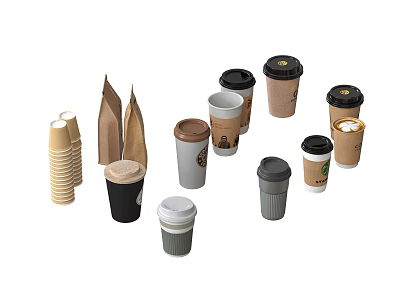 Various Disposable Coffee Cups With Lids And Paper Bags Stacked Together 3d model