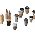 Various Disposable Coffee Cups With Lids And Paper Bags Stacked Together