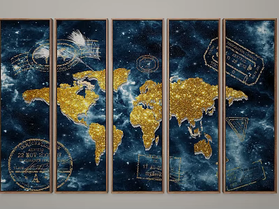 Five Panel Wall Art Featuring Gold World Map On Deep Blue Starry Background With Stamps 3d model