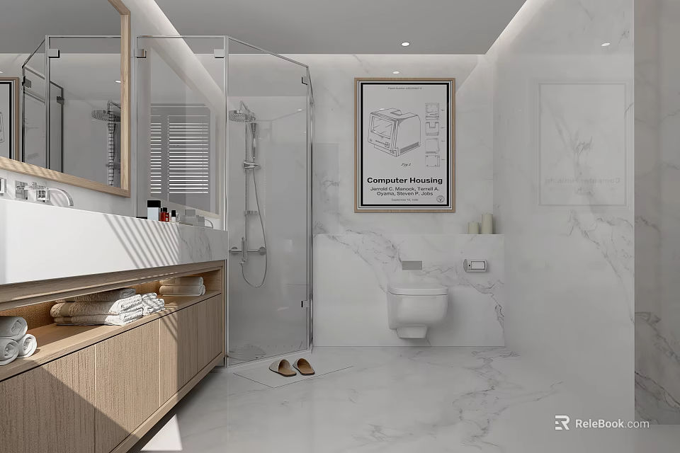 Modern Bathroom with Marble Finish Glass Shower Wooden Cabinets Wall Mounted Toilet and Decorative Poster 3d model 