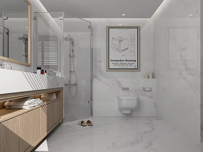 Modern Bathroom with Marble Finish Glass Shower Wooden Cabinets Wall Mounted Toilet and Decorative Poster 3d model
