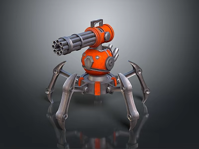 Spider Shaped Mechanical Weapon With Orange Silver Body And Rotating Cannon Barrel 3d model