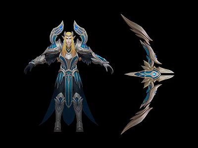 Elf Character With Golden Hair Blue Silver Armor And Mythical Creature Wielding Magical Bow 3d model