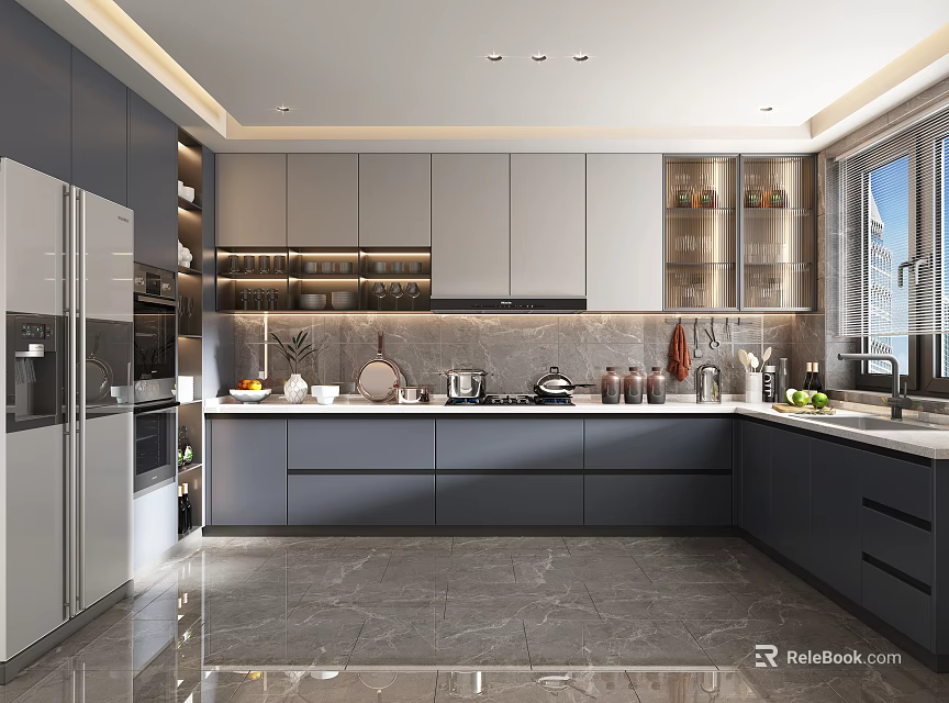 Sleek Modern Kitchen Interior With Dark Cabinets Marble Countertops And Stainless Steel Appliances 3d model 