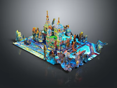Colorful Fantasy Cartoon Scene With Castle Towers Decorative Figures And Vibrant Structures 3d model