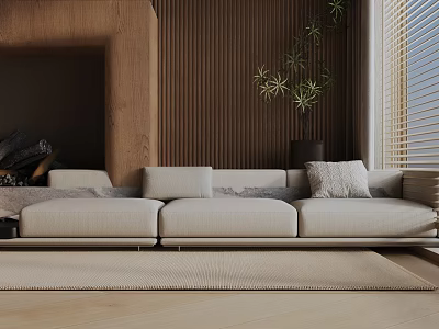 Beige Three Seater Sofa In Modern Living Room With Wooden Wall Plants And Soft Rug 3d model