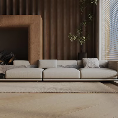 Beige Three Seater Sofa In Modern Living Room With Wooden Wall Plants And Soft Rug 3d model