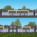 Modern Commercial Street Exterior With Large Windows Two Story Buildings And Trees