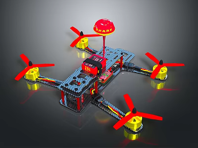 Quadrotor Drone With Red And Yellow Propellers Black Frame And Red Components 3d model