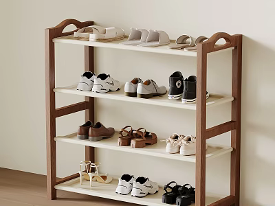 Multi Tiered Wooden Shoe Rack With Neatly Arranged Sneakers Leather Shoes And Sandals 3d model